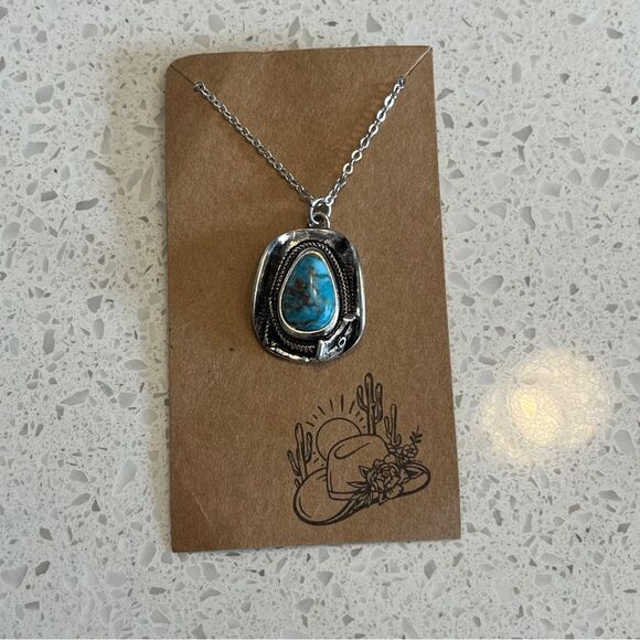 Western Turquoise Stone Decor Cowboy Hat Pendant Necklace - Picture 3 of 10
